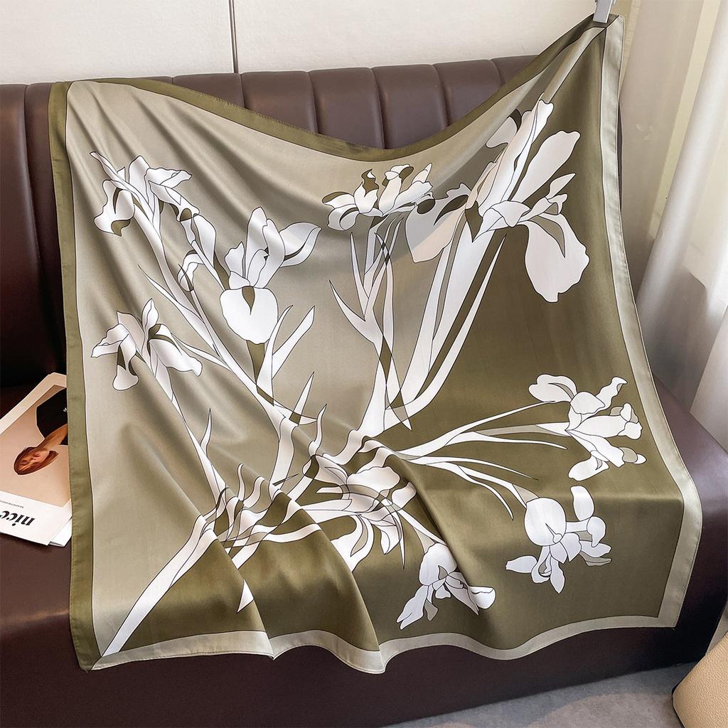 Luxury 90*90Cm Square Scarf Twill Silk Feeling Flower Print Neck Scarves Women Head Shawls and Wraps Hijab Bandana Pashmina
