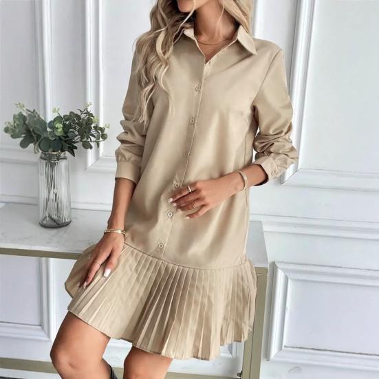 Women's Button Down Shirt Dress Long Sleeve Pleated Patchwork Swing Dress Casual Lapel Collared Mini