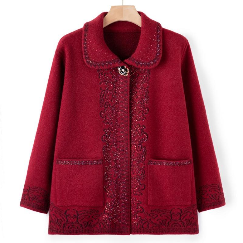 Mom sweater spring and autumn lapel jacket medium and old knitted sweater cardigan old man clothes old lady grandma top