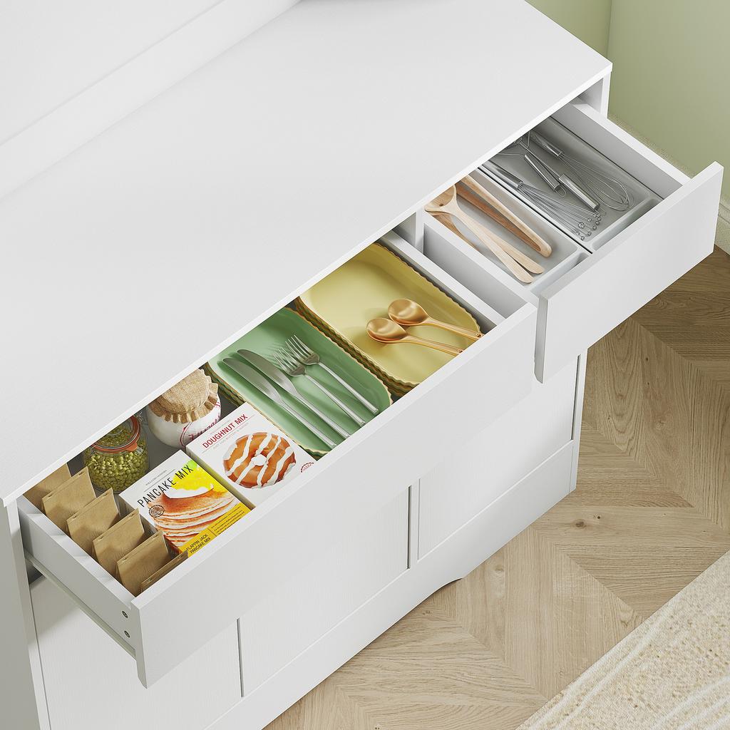 Kitchen Cabinet with Open Worktop, 6 Cabinet Doors, 2 Drawers, Adjustable Shelves, Cable Holes, Chipboard, White