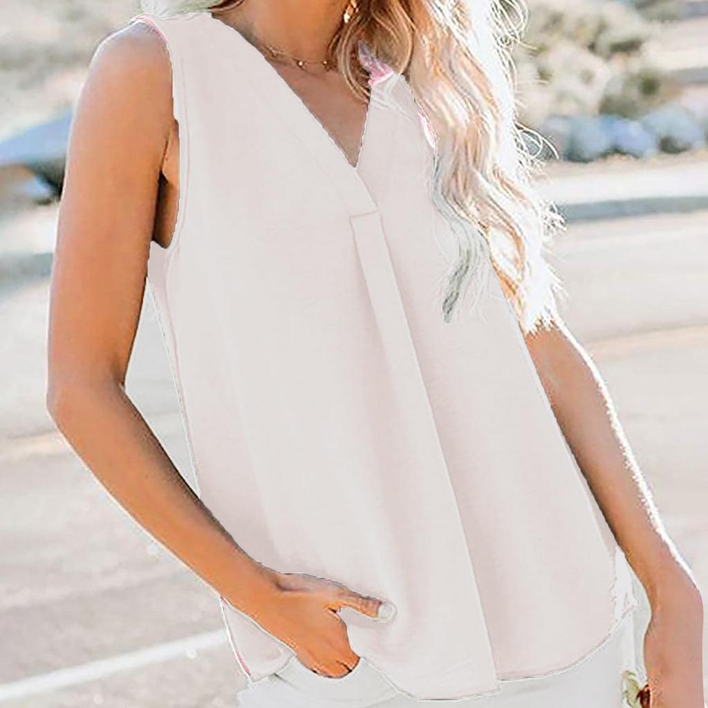 Women V-Neck Sleeveless Tops Casual Color Slim Loose Blouse With Pockets
