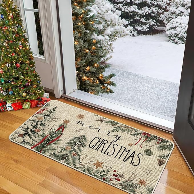 

Winter Christmas Carpet Mat Rug Pine Tree Snowflake Design HELLO WINTER MERRY CHRISTMAS Text Floor Mat for Home Decoration 30x50cm