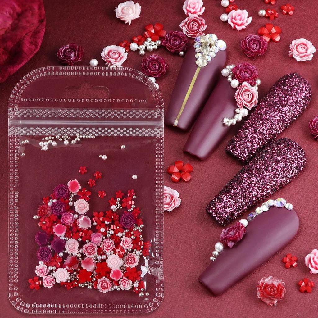 Valentine's Day Mixed Color Center Small Rose Nail Decoration Accessories, Red Acrylic Small Flower Silver Beads for Making Charming Nail Products