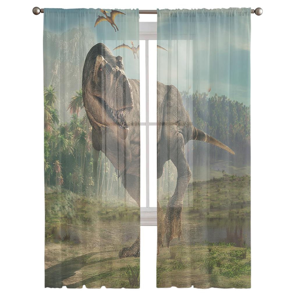 Virgin Forest Jurassic Dinosaur 3D Tulle Curtain Voile Transparent Tulle for Bedroom Living Room Kitchen Sheer Window Curtains