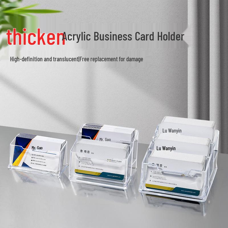 Suport transparent din acril pentru cărți de vizită, design minimalist cu mai multe compartimente și capacitate mare pentru depozitare pe birou.