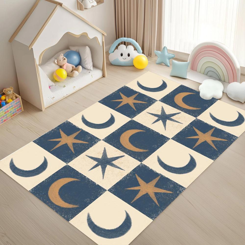 Vintage Moon and Star Checkerboard Pattern Carpet Mat Rug Retro Game Style Soft Floor Mat for Kids Room Bedroom Home Decoration