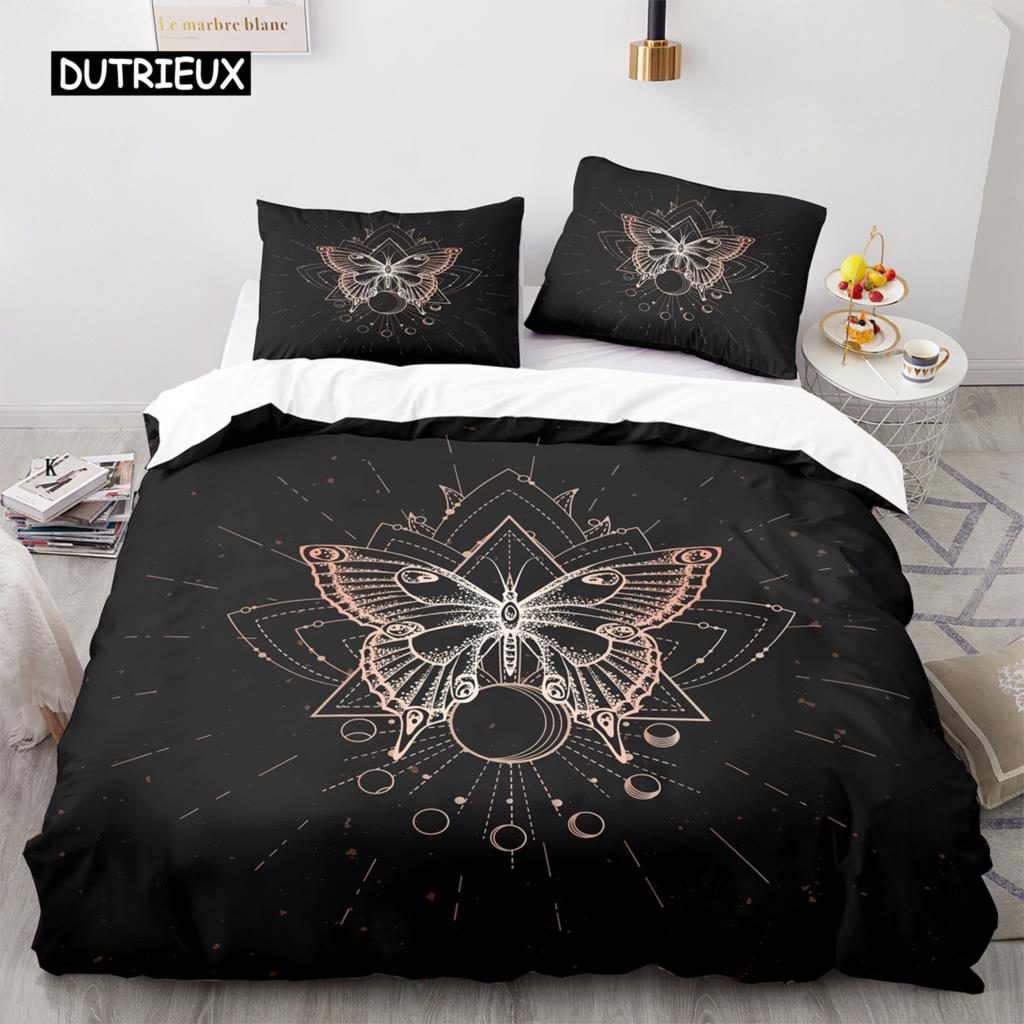 Death Moth Duvet Cover Set Queen Size Gothic Skull Boho Comforter Cover Black and White Skeleton Decorative Soft Bedding Set