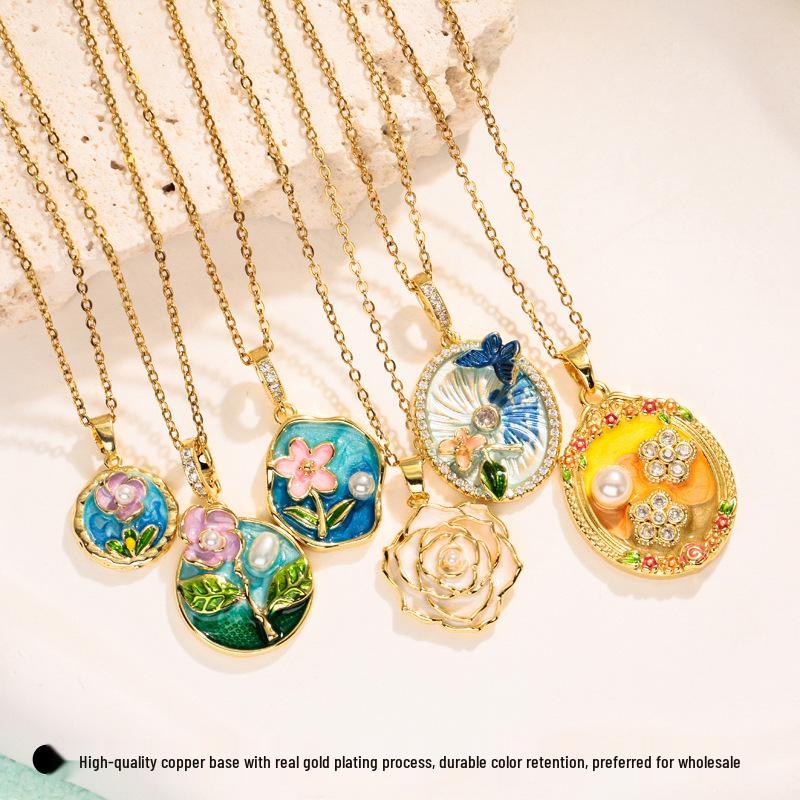 Monet Garden Oil Painting Flower Pendant Necklace - Elegant, Colorfast Accessory for Women