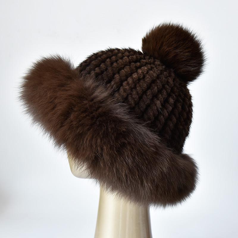 Genuine Mink Fur Beanie Hat Winter Womens Fox Brim Hats Thick Warm Fox Fur Caps With Pompom Fashion Fur Knit Beanies