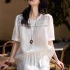 Women Elegant Loose Short Sleeve Round Neck Lace Patchwork Solid Blouse