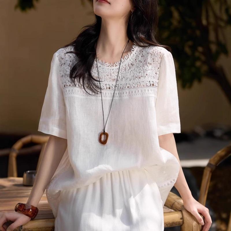Women Elegant Loose Short Sleeve Round Neck Lace Patchwork Solid Blouse