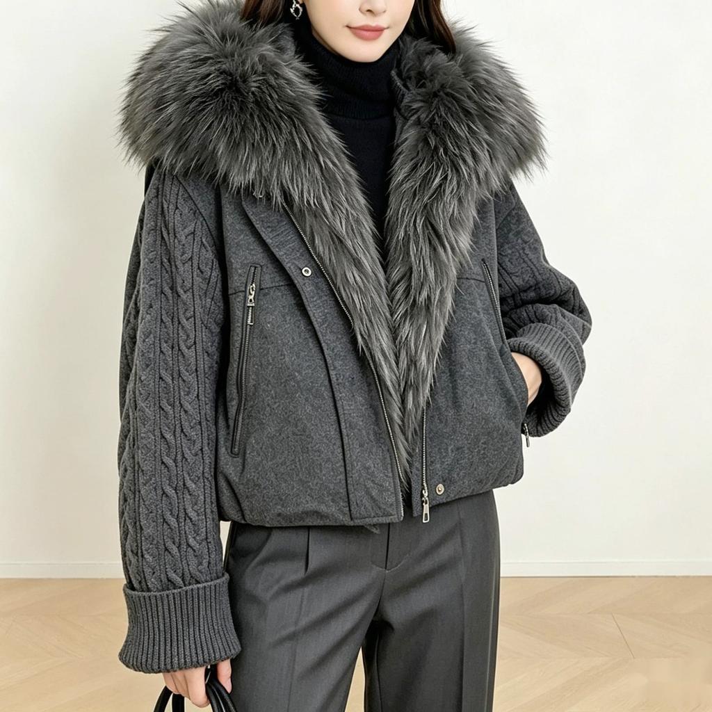 Winter new real fox fur collar knitted splicing down jacket women's short white duck down loose and thin versatile jacket