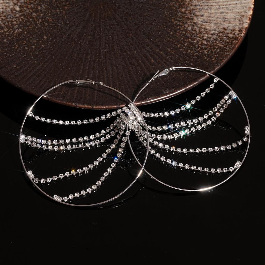 Diamond fringed circle silver needle earrings personalized fashion light luxury temperament earrings