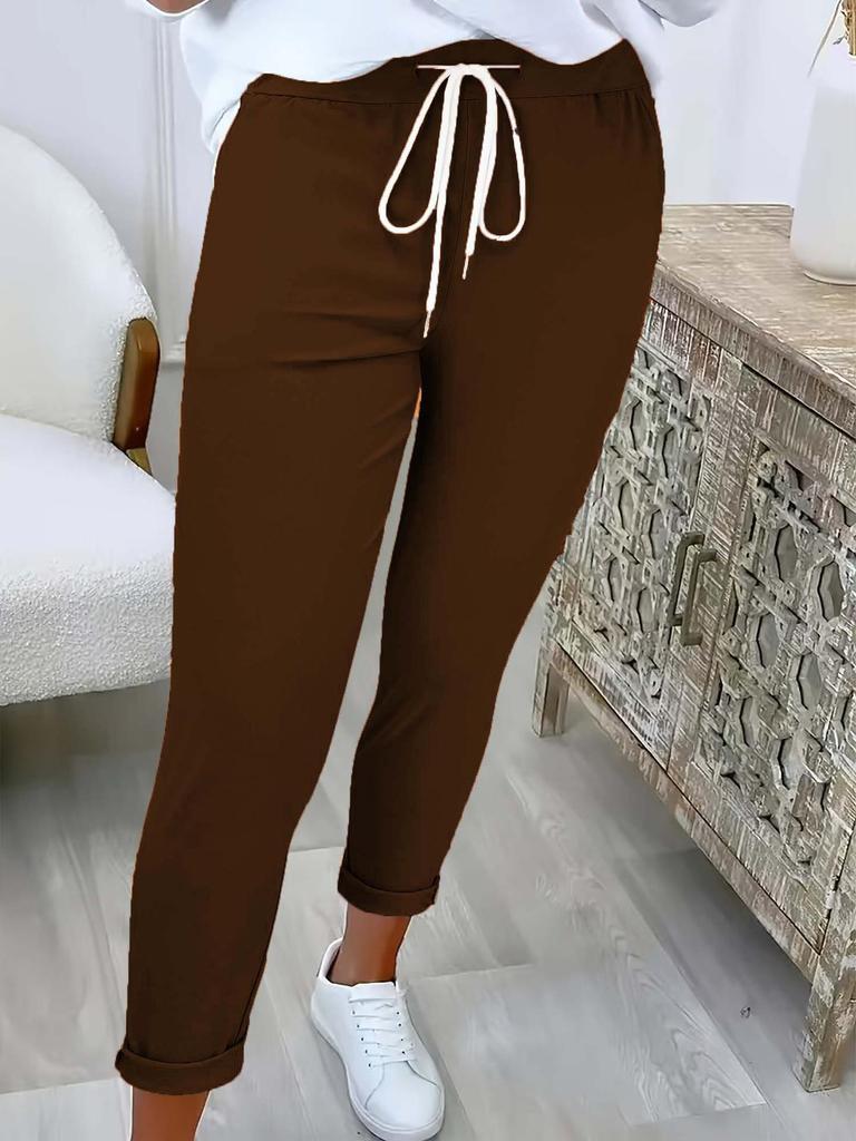 2025 Women's Solid Color Tie-Waist Cuffed Long Pants - Versatile European & American Style