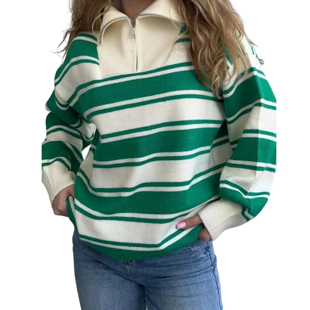 Ladies' Fashionable And Comfortable Half Zip Lapel Contrasting Loose Striped Knitted Top
