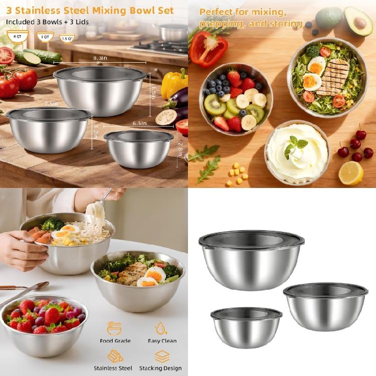 Modern Stainless Steel Mixing Bowl Set Space Saving Stackable Transparent Cover Food Storage Container
