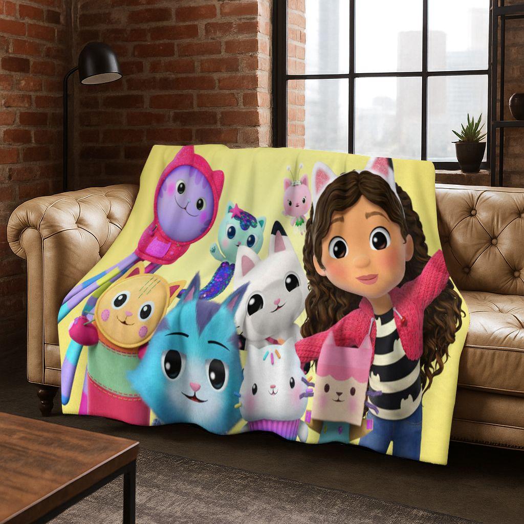 Cute Gabbys Dollhouse Cartoon Girl Kids Flannel Blanket Soft Warm Throw Blanket for Bed Bedroom Room Living Room Christmas Gift