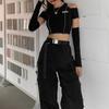 2KWEIRD Patchwork Black T-shirts Gothic Off Shoulder Sleeve Y2k Crop Tops Ruffles Hem Hip Hop Techwear Women Tees Fashion