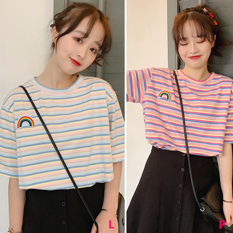Women's  Summer Casual T Shirt Short Sleeve O-Neck Rainbow Striped Loose Tee