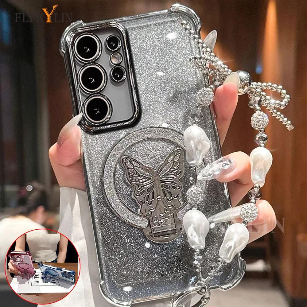 

Electroplated Butterfly Bracket Phone Case For Xiaomi Poco X7 X6 F7 Pro M6 F6 F3 X5 X3 POCO C65 C75 C71 Fashion Pearl Bracelet For POCO C71