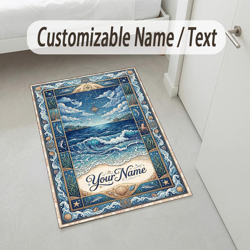 Ocean Otter Theme Soft Crystal Velvet Rug Custom Name & Text Print Non Slip Floor Rug for Bedroom Living Room