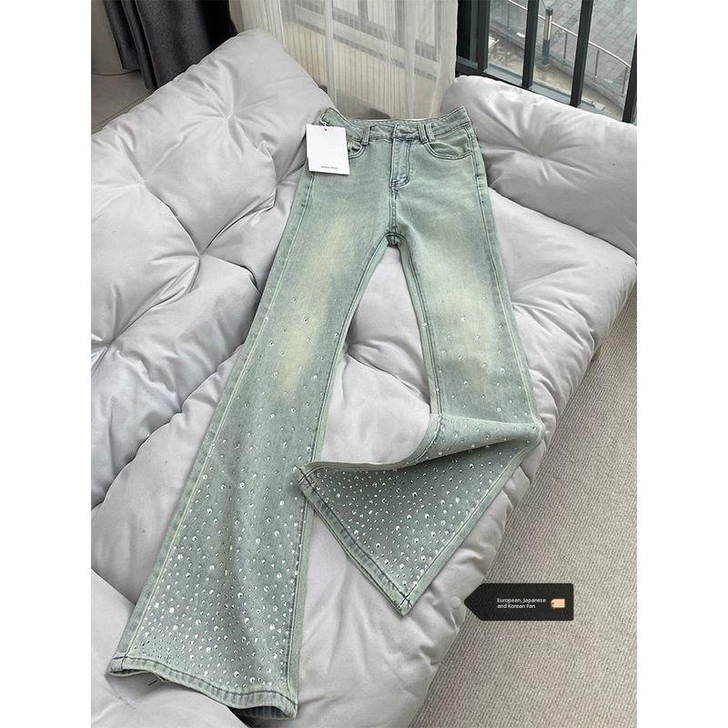 

Большой размер Тяжелая вышивка Горячая приклейка Выбеленный Микро-стрейч Деним Женские Весенне-осенние Брюки с высокой талией Эластичные Облегающие Клеш-моп Light blue 3XL [Suggested 77.50 kg-87.50 kg]]