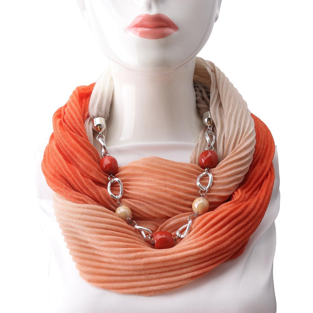 Stylish Cotton Linen Infinity Scarf with Beaded Chain Necklace – Women’s Gradient Color Scarf for Boho & Casual Fashion