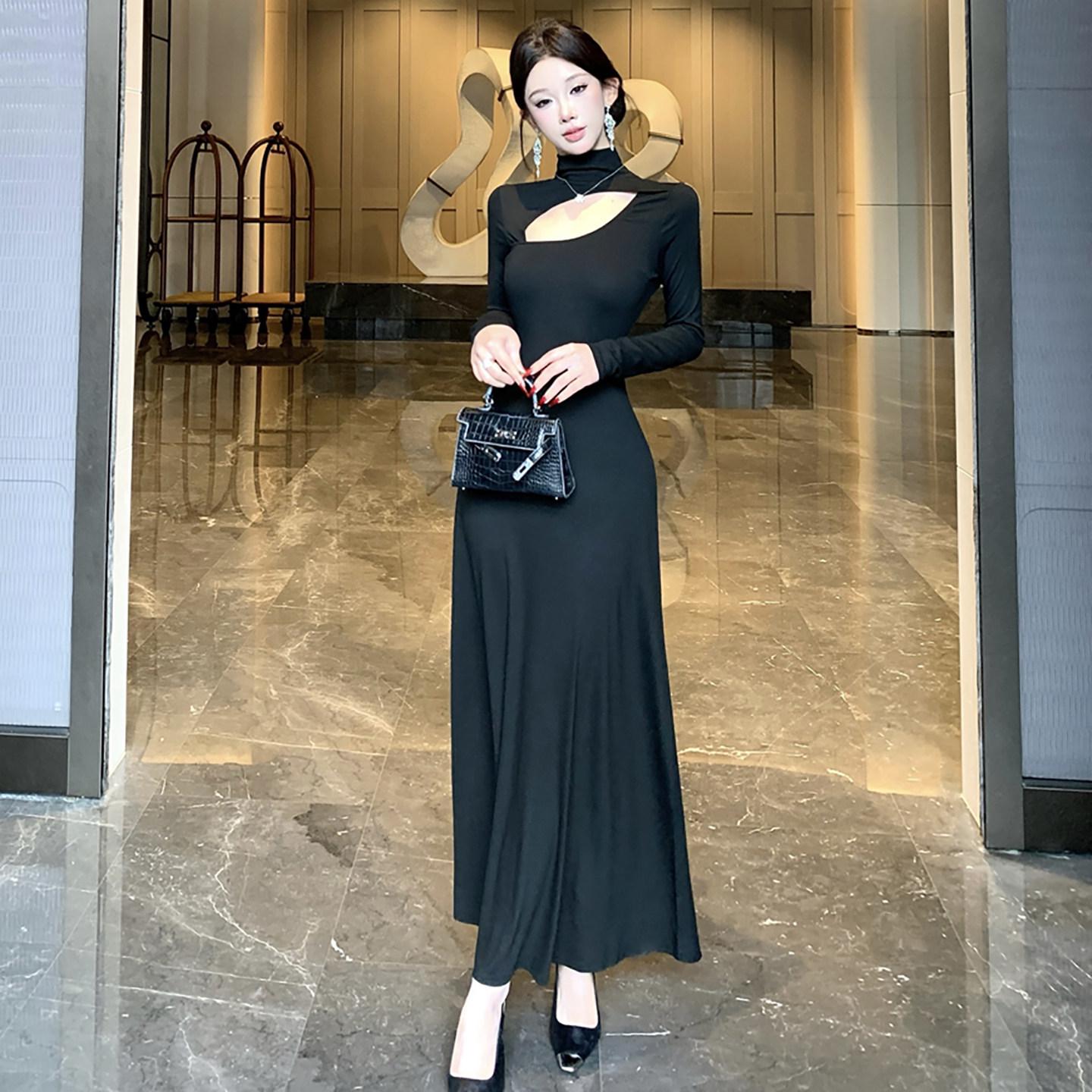 Elegant Black Plus Size Long Sleeve Hollow Dress with French Collar Small