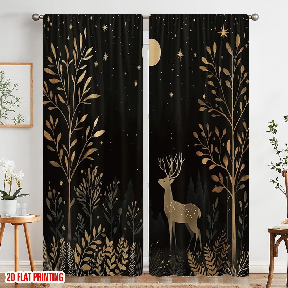 2pcs,2D Plane Printing Curtain Popular Deer Snow Forest Night Versatile 100% Polyester (without Rod) Decorations Inside Perfect