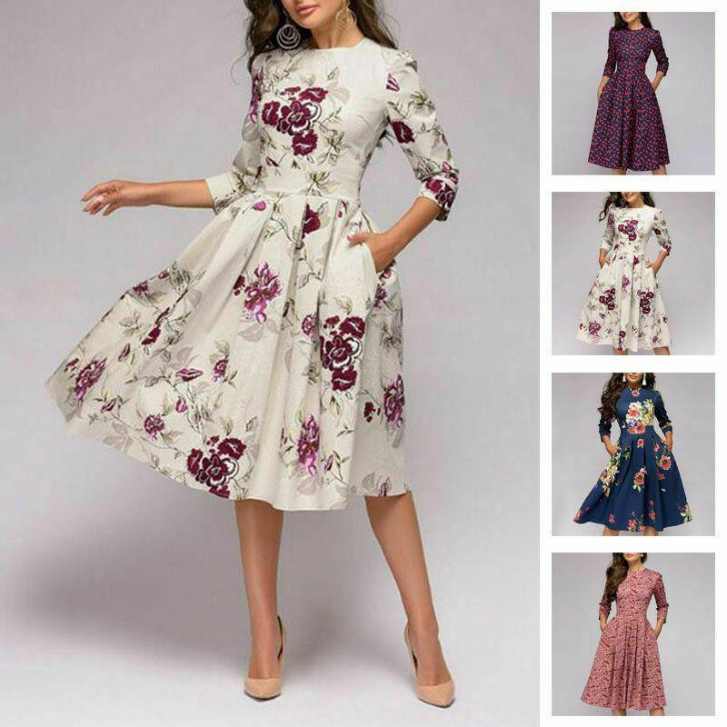 Women's Fashion Vintage Print Long Sleeve Puff Dress In Elegant Floral Pattern