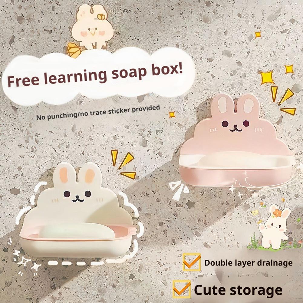 Cute Rabbits Soaps Box Holder Wall Mounted Punch Free Double-Layer Quick Drain Soaps Storage Case Rabbit Soap Dish Cover