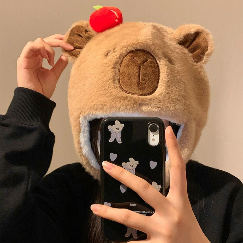 Warm Animals Ears Beanie Hats Cartoon Plush Cap Soft Cute Capybara Hat  Outdoor