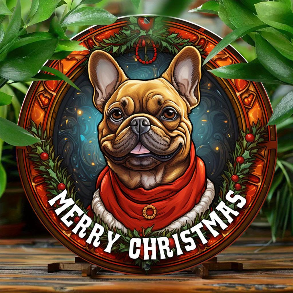 Merry Christmas French Bulldog Aluminum Sign pc cm Round Festive Wall Art Waterproof WeatherResistant Outdoor