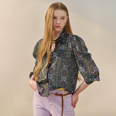 Oriental Ethnic Pattern Puff Sleeve Blouse Zf04qb604nh