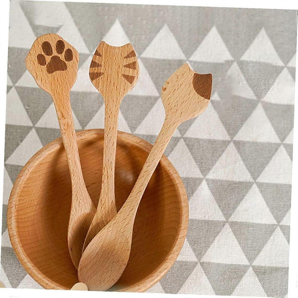 2 PCS Creative Wooden Spoons Cute Cat Design Kitchen Utensils for Soup Salad and Dessert with Smooth Finish for Adults