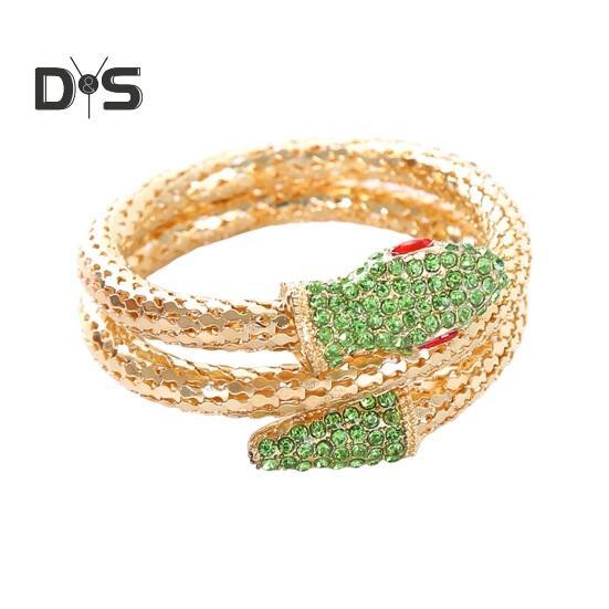 

Ретро-браслет в форме змеи, декорированный стразами, регулируемый открытый дизайн, двухслойный полированный сплав, блеск, украшение на запястье на Хэллоуин, Рождество, рука зелёный