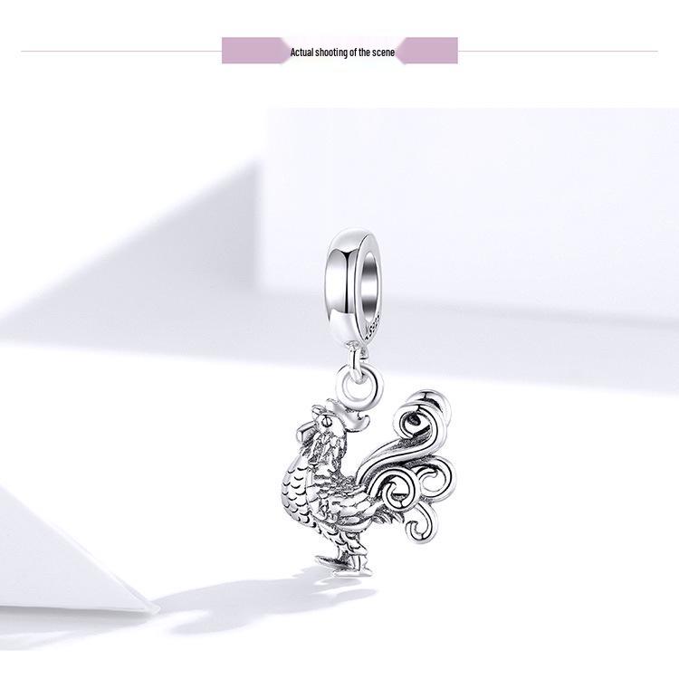 S925 Silver Rooster Pendant for DIY European & American Beaded Bracelets SCC1337