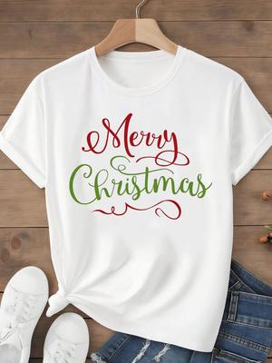 (Asian Size) Tee Top Festival  Merry Christmas New Year Holiday Women Letter Cute Style Print Lady Short Sleeve Fashion Graphic T-shirts