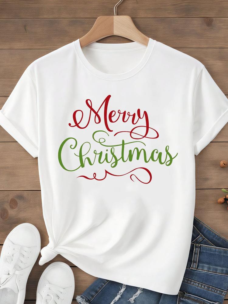 (Asian Size)sweet tree Tee Top festival  Merry Christmas New Year Holiday Women Print Lady Short Sleeve Fashion Graphic T-shirts