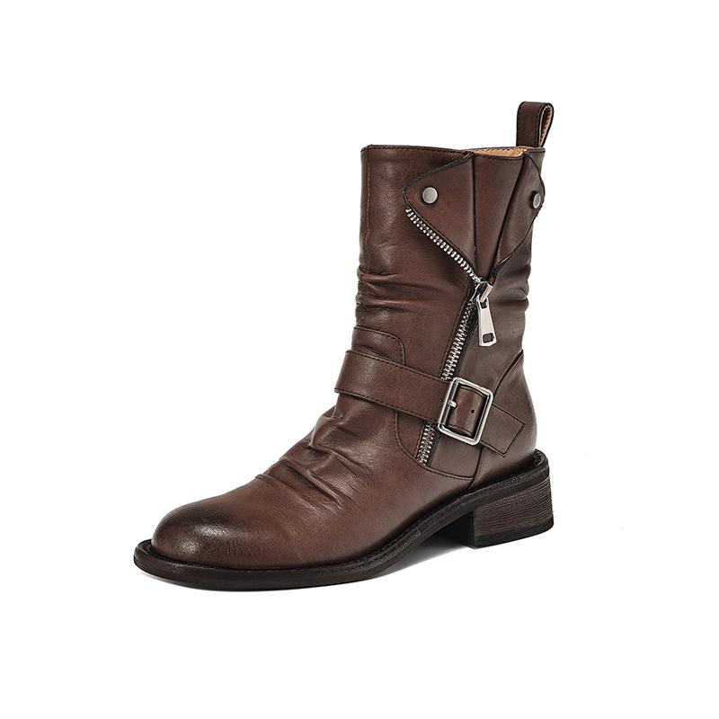 

Fashion New Autumn/winter Split Leather Women Boots Round Toe Shoes for Women Fashion Boots Mid Heels Buckle Side Zipper Work Boots 34