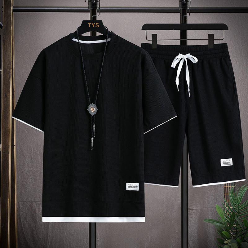 Men's Summer Waffle Short-Sleeve Sports Shirt and Shorts Two-Piece Set