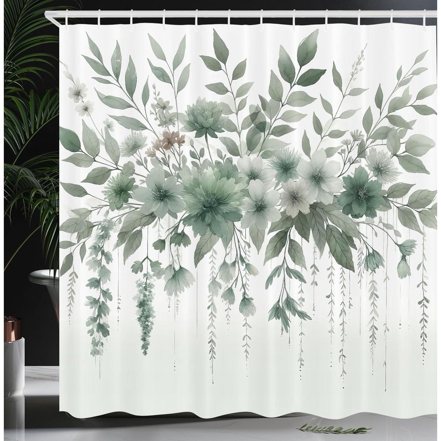 Sage Green Floral Shower Curtain - Bohemian Wildflower & Leaf Design, Polyester, Modern Bath Decor,Lightweight & Easy to Hang W90xH180cm