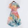 Women's Summer Texture Printed Casual Wrap V Neck Ruffled Hood Short Sleeves Belt A-Line Ruffle Hem Midi Sundress