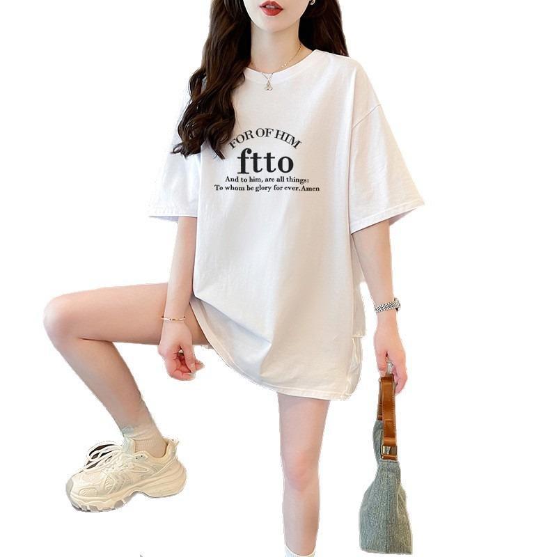 Patchwork Short-sleeved T-shirt for Women's Fashion, Mid-length Loose Top for Summer