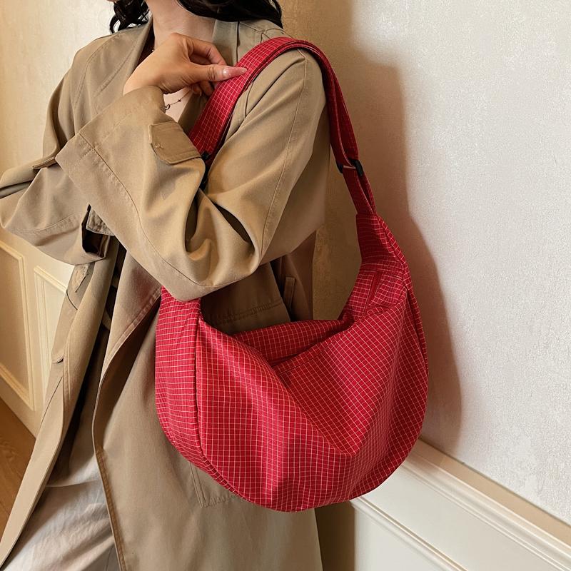 Large Capacity Plaid Canvas Bag Women's Lightweight Handbag Shoulder Crossbody Dumpling Bag