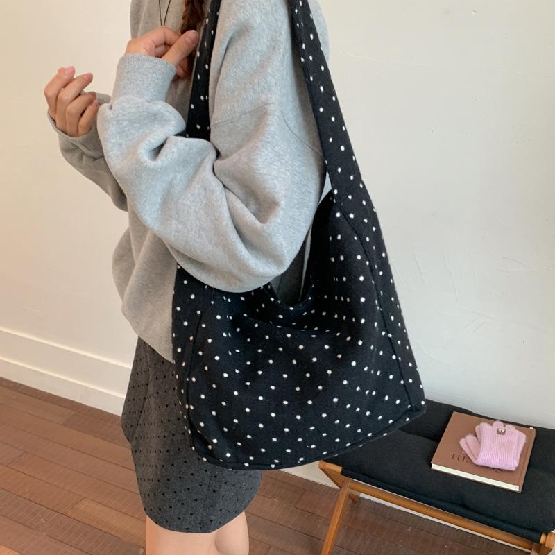 Polka Dot College Style Women Woolen Shoulder Bags Large Capacity Ladies Casual Tote Bag Versatile Portable Female Handbags