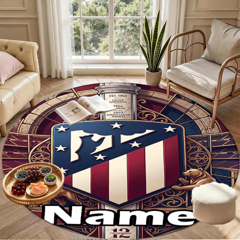 Tapis rond personnalisé avec nom imprimé Atletico Madrid, Tapis polyvalent pour la décoration de la maison, pour salle de jeux, appartement, balcon, entrée, couloir Cadeau