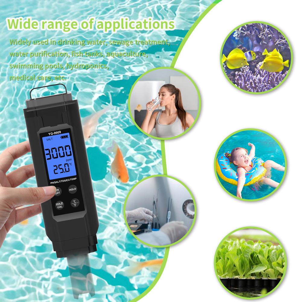 5 In 1 Digital Water Quality Tester Salinity PH Temp EC and TDS Meter for Drinking Water/Aquariums/Hydroponics/Pools