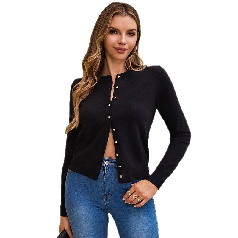 

Вязаный кардиган с длинным рукавом, женский дизайн, нишевое пальто-свитер, ретро круглый вырез, элегантный короткий топ L чёрный