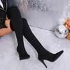Fashion Women's Slim Heel Boots Winter New Mesh Cloth Breathable Over The Knee Anti-slip Wear-resistant Elastic Boots
